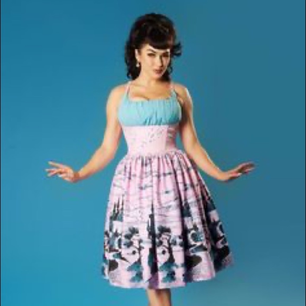 PINUP COUTURE HOLLY SWING DRESS IN PINK CASTLE PRINTED COTTON SATEEN Disney